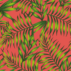 Fototapeta na wymiar Living coral background green tropical leaves