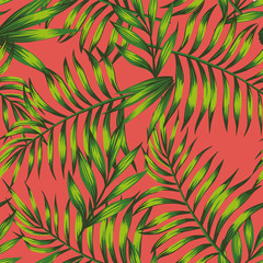 Living coral background green tropical leaves