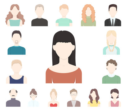 Avatar and face cartoon icons in set collection for design. A person's appearance vector symbol stock web illustration.