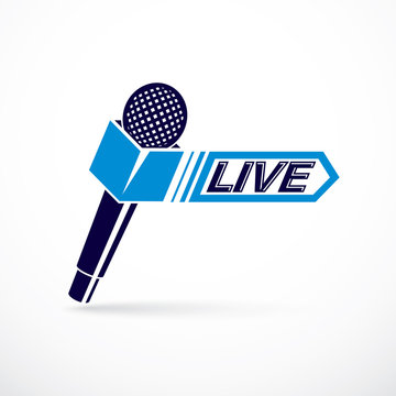 Live reportage conceptual logo, vector illustration created with microphones equipment and live writing.