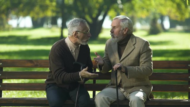 Two old men emotionally talking and arguing, disagreement and misunderstanding