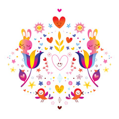flowers bunnies hearts and birds illustration