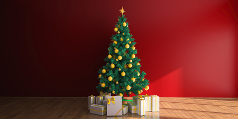 Christmas interior template composition with New Year's Eat, Gift boxes and holiday decorations. Cozy room with wood floor. 3D render illustrations