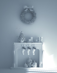 Christmas interior template composition with fireplace, socks, holiday decorations, wreath, candles. Cozy room with wood floor. 3D render illustrations