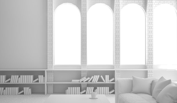 Cozy living room with sofa, books and big half-round windows 3D render illustrations , template composition