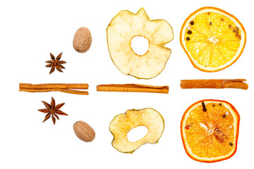 Dried fruits, lemon, apple, cinnamon, nutmeg. On a white background, isolate.