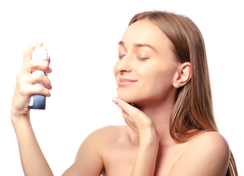 Beautiful Woman Beauty Fashion Thermal Water Spray For Face In Hand On White Background Isolation