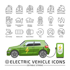 Electro vehicle editable stroke line icon set with electric eco car hatchback vector green mockup with charge station.