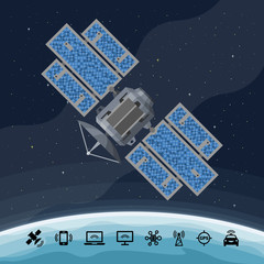 Flat vector isolated illustration of artificial satellite on a space and earth background with icon set.