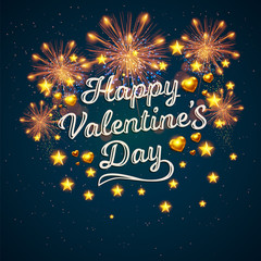 Happy Valentine's Day displayed with fireworks. Vector illustration. Wallpaper, flyers, invitation, posters, brochure, banners.