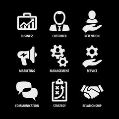  Vector business shape white icon set ona a black background with customer, retention, marketing, management, service, communication, strategy, relationship.