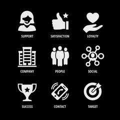 Vector business white shape icon set on a black background with support, satisfaction, loyalty, company, people, social, success, contact and target.