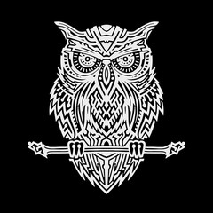 Vector drawing isolated illustration of ethnic sitting owl on a black background for t-shirt, tattoo, print and poster.