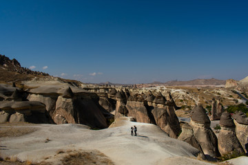 aerial view of rock formations in goreme open air museum, popular and famous place in cappadocia, turkey