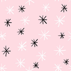 Cute abstract seamless pattern with stars, snowflakes on pink background. Vector illustration. 