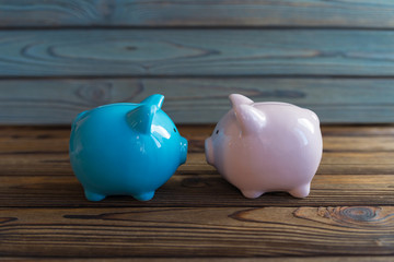 Two piggy banks, pink and blue, stand nose to nose, guinea pigs. On the wooden background. Concept...