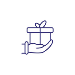 Gift in hand line icon. Donation, birthday present, surprise. Christmas concept. Vector illustration can be used for topics like holiday, celebration, party