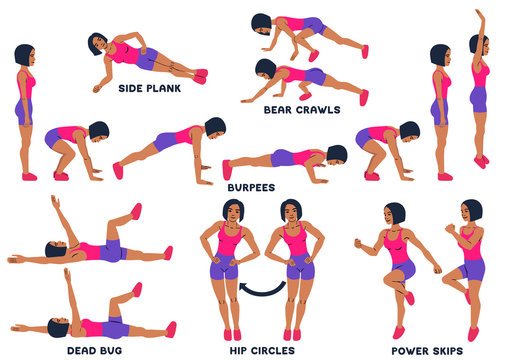 Burpees, bear crawls, hip circles, dead bug, side plank, power skips. Sport exersice. Silhouettes of woman doing exercise. Workout, training.