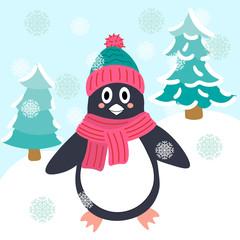 Winter greeting card with cute penguin, snowflakes, spruce trees isolated blue background. Vector illustration.