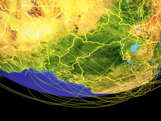 Central Africa from space on Earth with country borders and lines, concept of communication, travel, connections.