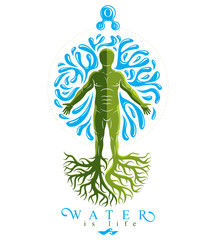 Vector graphic illustration of muscular human, individual created with tree roots and surrounded by a water ball. Human water reserves metaphor.