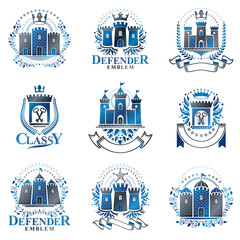 Ancient Bastions emblems set. Heraldic vector design elements collection. Retro style label, heraldry logo.