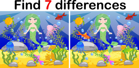 Game for children: find differences, little mermaid and sea world