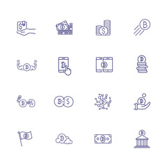 Crypto currency icon set. Set of line icons on white background. Purse, bitcoin, bank. Crypto currency concept. Vector illustration can be used for topics like banking, mining, investment