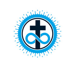 Everlasting Christian Love and True Belief in God vector creative symbol design, combined with infinity endless loop and Christian Cross, vector logo or sign.