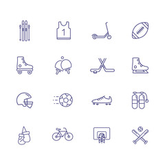 Fototapeta premium Sport equipment icon set. Set of line icons on white background. Sport concept. T-shirt, rugby, bicycle. Vector illustration can be used for topics like hockey, football, sport