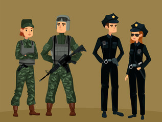 Police officers and military soldier.Man and woman
