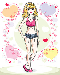 Obraz na płótnie Canvas Young beautiful blonde woman adult standing on colorful background with Valentine hearts in modern casual clothes. Vector nice lady illustration.