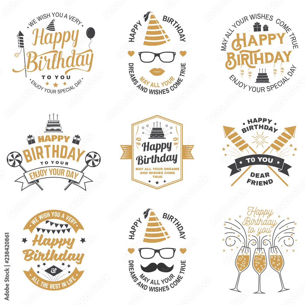 Wall mural Set of Happy Birthday templates for overlay, badge, card with bunch of balloons, gifts, firework rockets and birthday cake with candles. Vector. Vintage design for birthday celebration - Wall murals