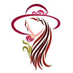 Charming brunette in a summer hat and flower, beauty and romance