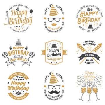 Set of Happy Birthday templates for overlay, badge, card with bunch of balloons, gifts, firework rockets and birthday cake with candles. Vector. Vintage design for birthday celebration