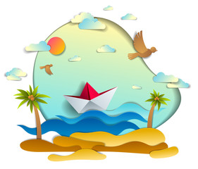 Fototapeta na wymiar Paper ship swimming in sea waves with beautiful beach and palms, origami folded toy boat floating in the ocean with beautiful scenic seascape with birds and clouds in the sky, vector.