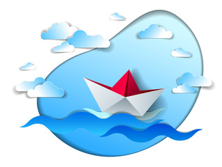 Obraz premium Paper ship swimming in sea waves, origami folded toy boat floating in the ocean with beautiful scenic seascape with clouds in the sky, vector illustration.