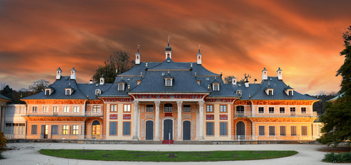 Baroque palace Pillnitz in Chinese style at night, located close to Dresden, Saxony, Germany