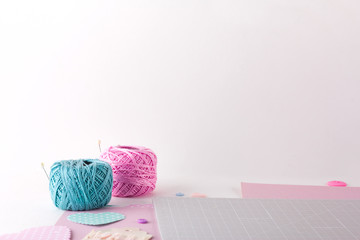 Making diy project. Knitting decoration. Craft tools and supplies. Season home valentines day decor.