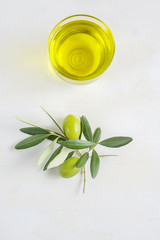 one bowl of extra virgin olive oil made in Apulia, Italy, copy space, flat lay