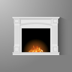 Fireplace with natural fire and bricks in a classic style. Element of the interior of the living room. Vector illustration EPS10