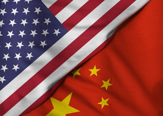 Two flags. 3D. United States and People's Republic of China