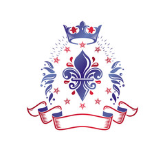Retro vintage Insignia composed using lily flower, imperial crown and pentagonal stars. Vector royal quality idea design element, Fleur-De-Lis.
