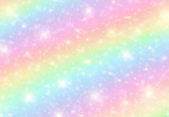 Illustration of galaxy fantasy background and pastel color.The unicorn in pastel sky with rainbow. Pastel clouds and sky with bokeh . Cute bright candy background .