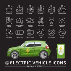 Electric hatchback city car vector mockup with charging station on a black background with electricity vehicle editable stroke thin line icon set.