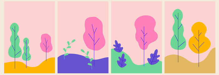 Landscape cards with trees in minimalism, flat style, backgrounds. Vector illustration. 