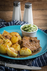 Braised meat in sauce served with boiled potatoes.