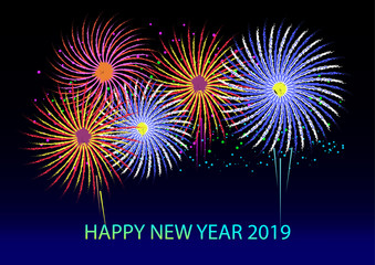 Greeting Happy New Year 2019 with firework background.