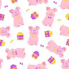 Cute pig sits in glasses and a bow tie. Funny piggy. Gift box tied with a ribbon with a bow. Seamless pattern.