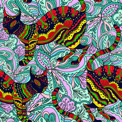 Pattern with ornamental psychedelic cats